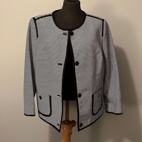 Talbots Women's Black White Striped Button Front 3/4 Sleeve Blazer Jacket Sz 16 - Picture 1 of 9